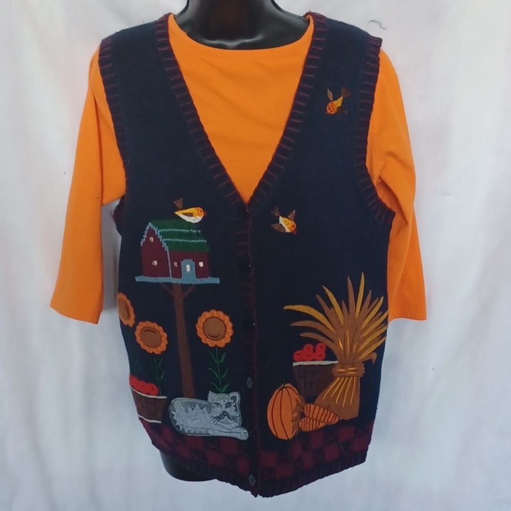 CAPACITY Bird House Daisy Pumpkin Cat Fall Sweater Button Up Vest Sz M Halloween